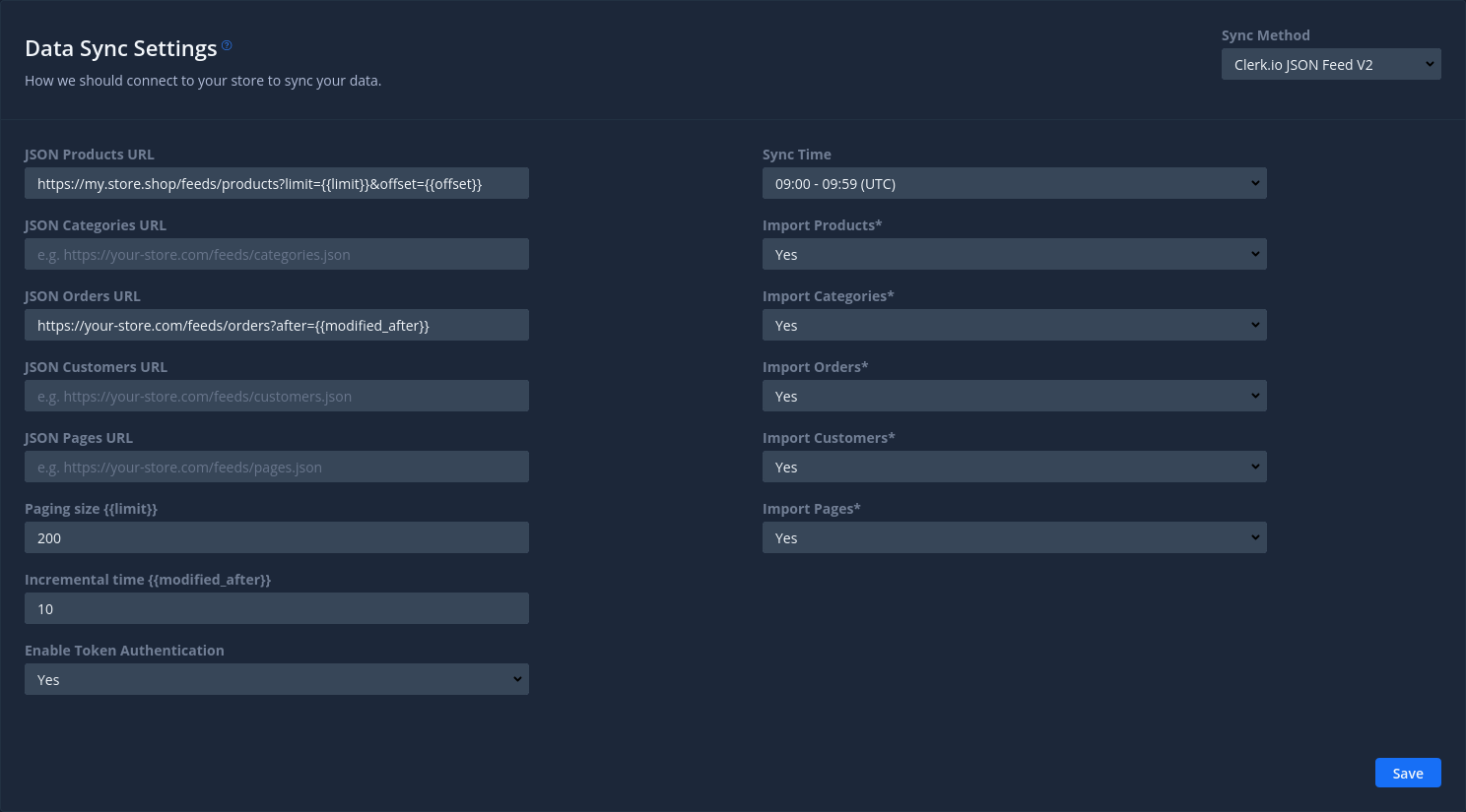 Pannello delle impostazioni di sincronizzazione dei dati per JSON Feed V2